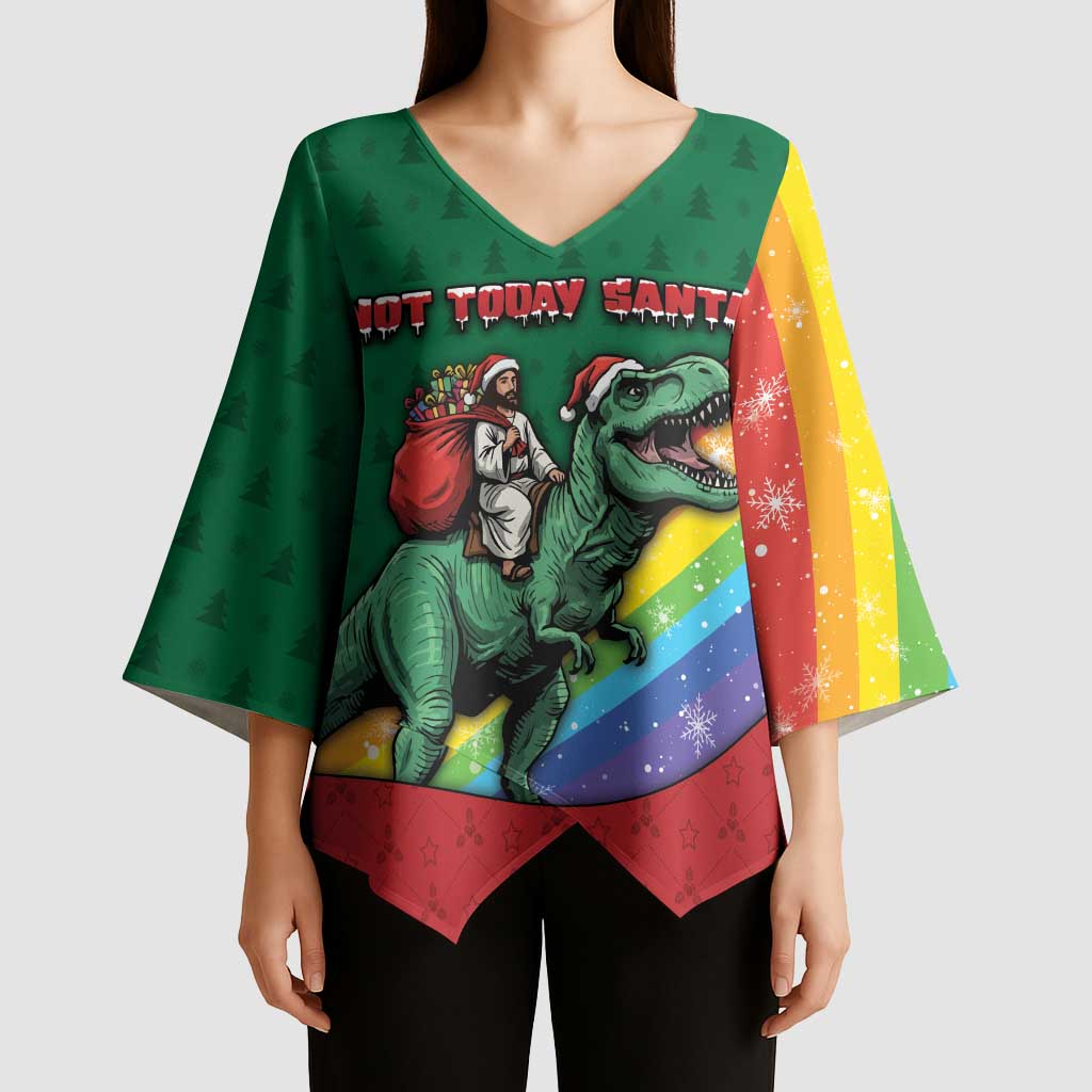 T Rex And Jesus Christmas Kimono Sleeve Blouse Not Today Santa - Wonder Print Shop
