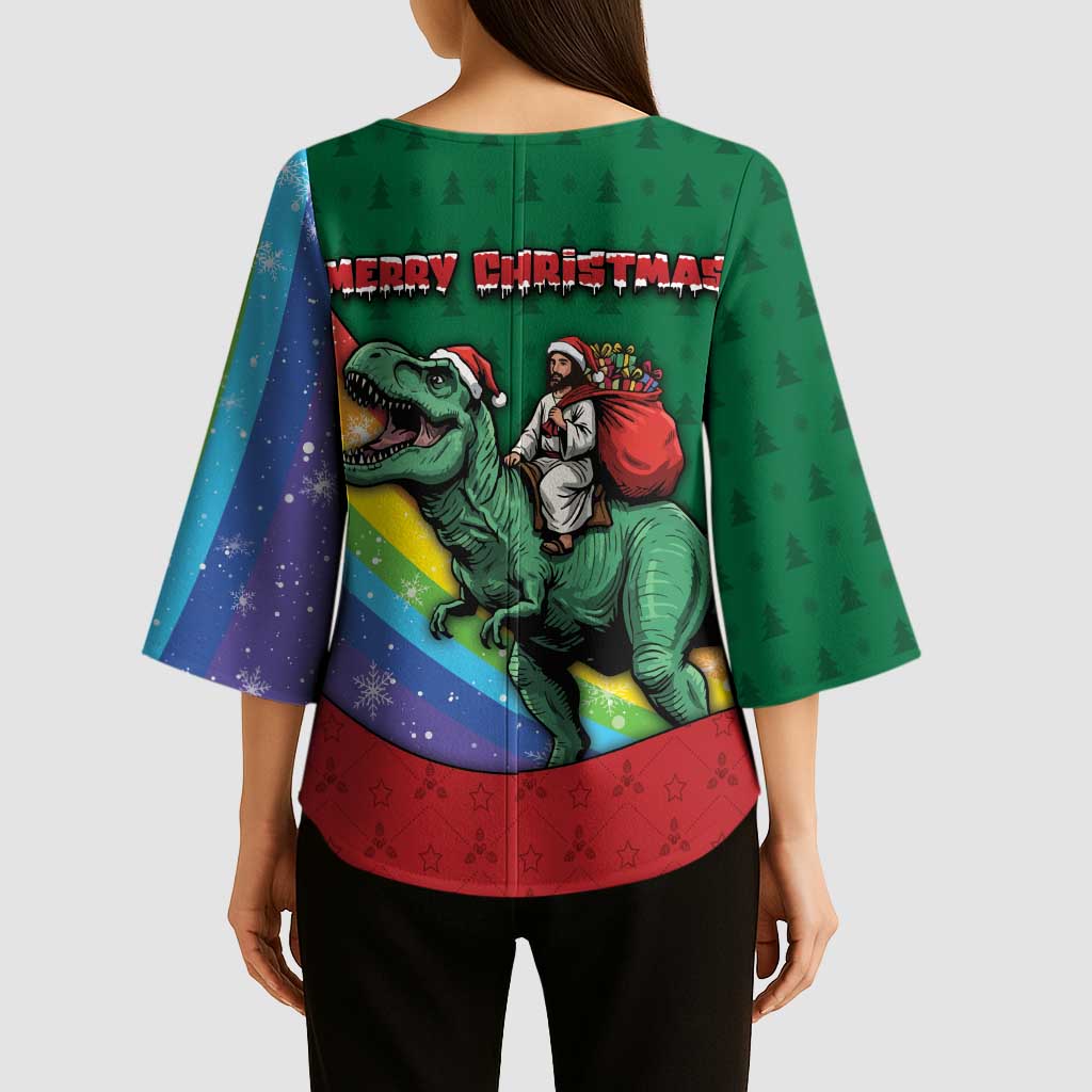 T Rex And Jesus Christmas Kimono Sleeve Blouse Not Today Santa - Wonder Print Shop