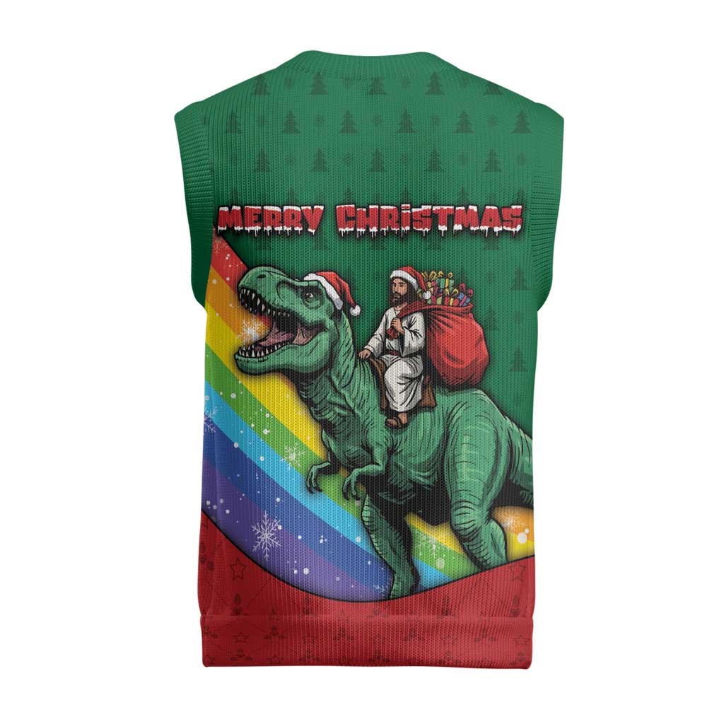 T Rex And Jesus Christmas Knitted V-Neck Vest Not Today Santa - Wonder Print Shop