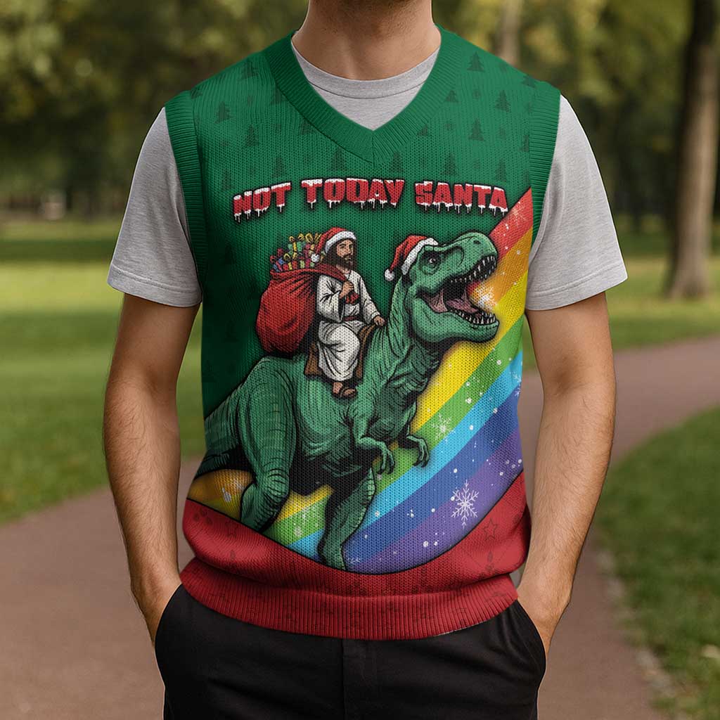 T Rex And Jesus Christmas Knitted V-Neck Vest Not Today Santa - Wonder Print Shop