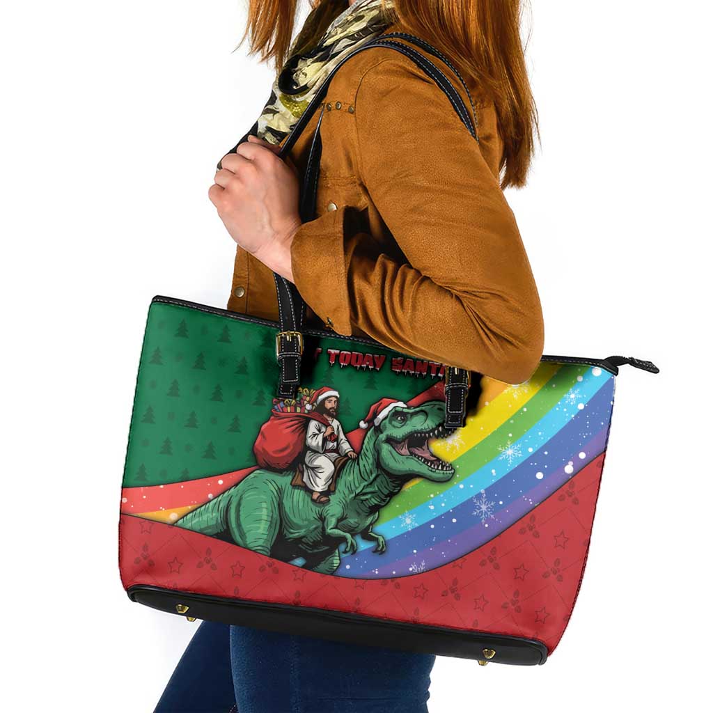T Rex And Jesus Christmas Leather Tote Bag Not Today Santa - Wonder Print Shop
