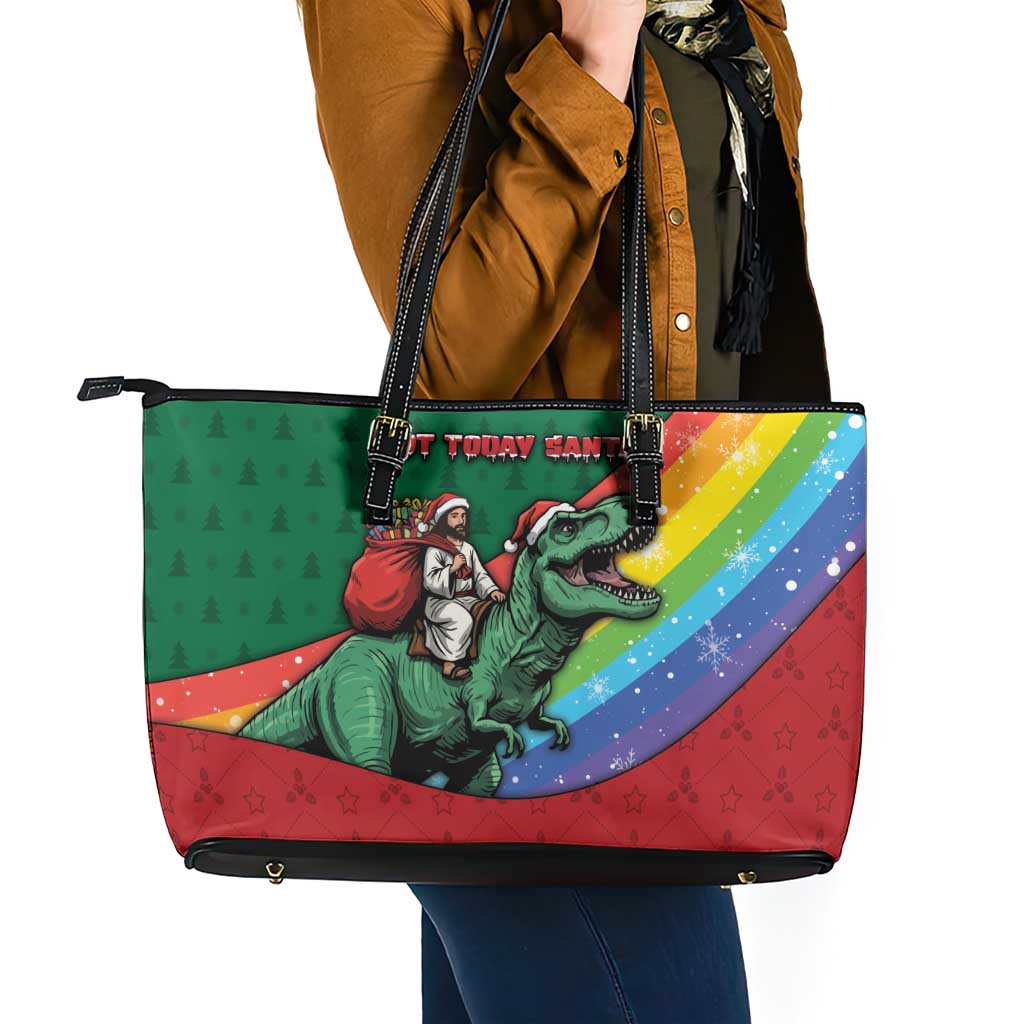 T Rex And Jesus Christmas Leather Tote Bag Not Today Santa - Wonder Print Shop