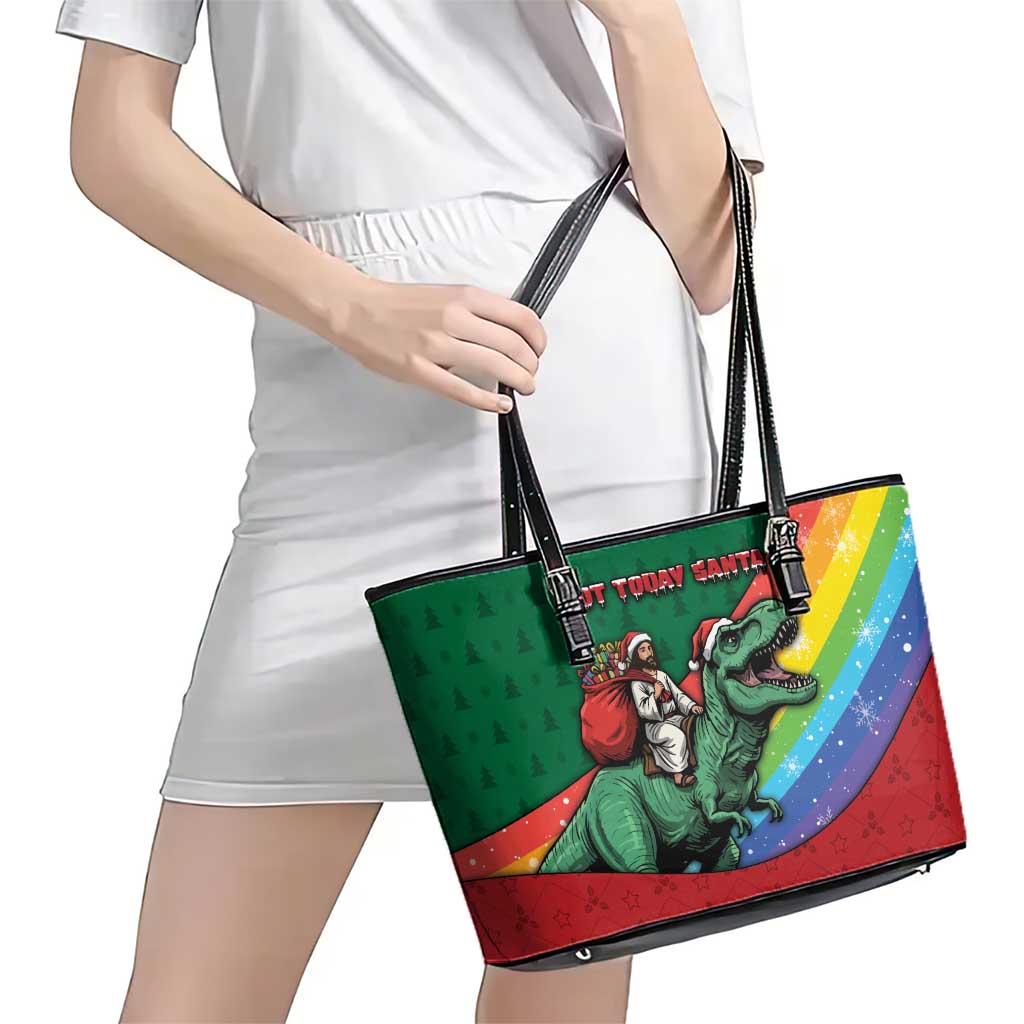 T Rex And Jesus Christmas Leather Tote Bag Not Today Santa - Wonder Print Shop