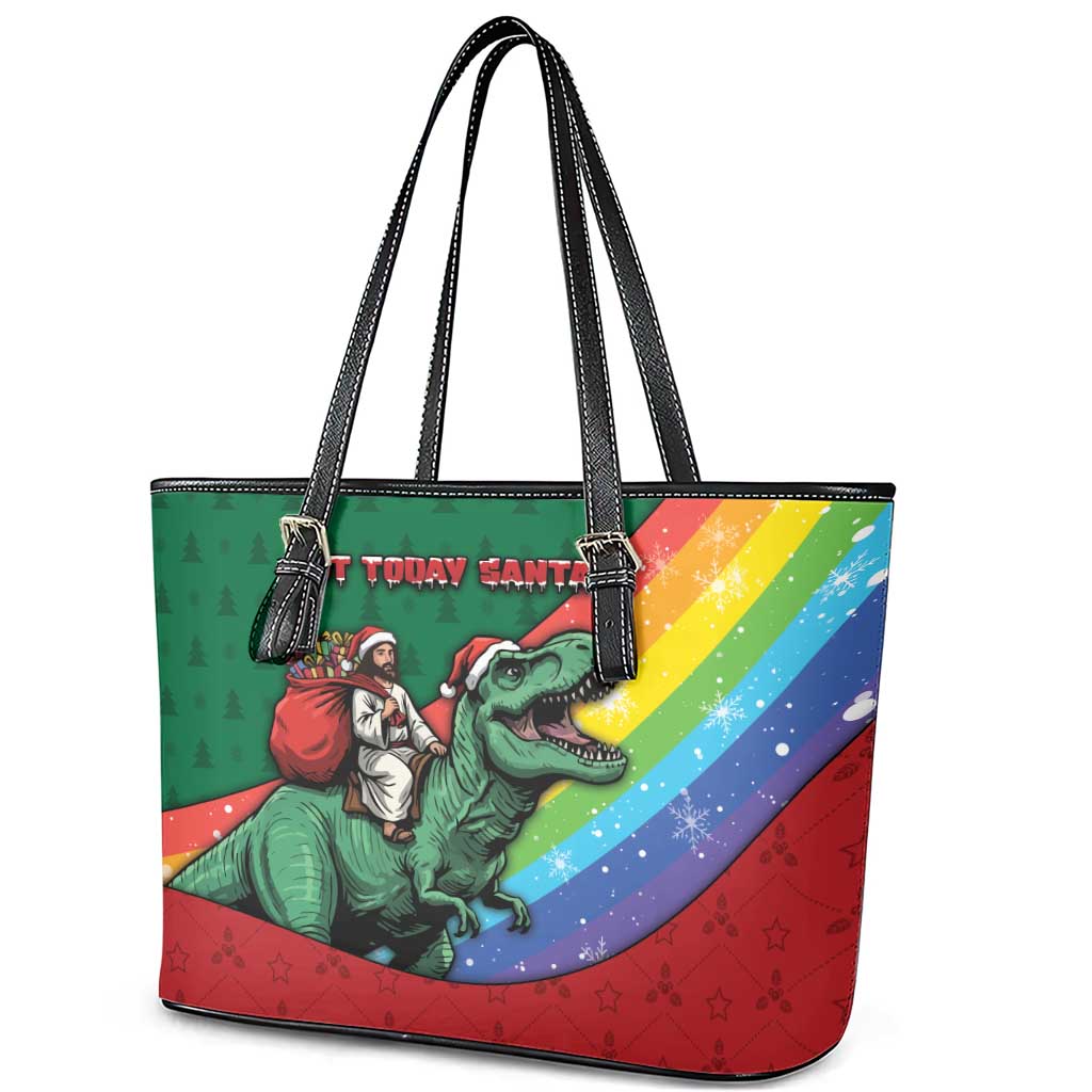 T Rex And Jesus Christmas Leather Tote Bag Not Today Santa - Wonder Print Shop