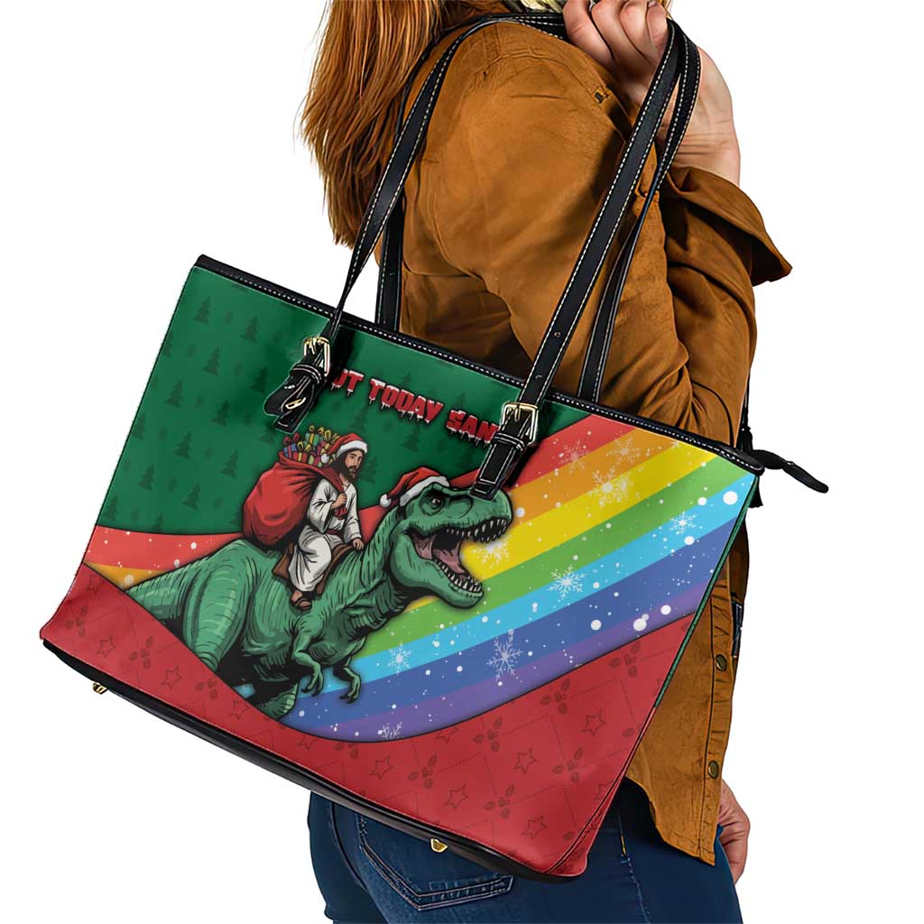 T Rex And Jesus Christmas Leather Tote Bag Not Today Santa - Wonder Print Shop