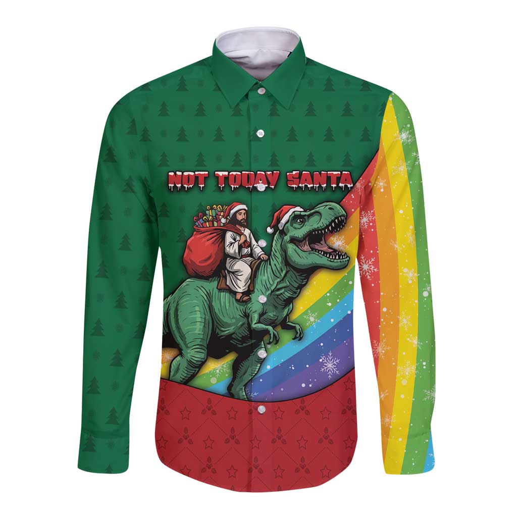 T Rex And Jesus Christmas Long Sleeve Button Shirt Not Today Santa - Wonder Print Shop