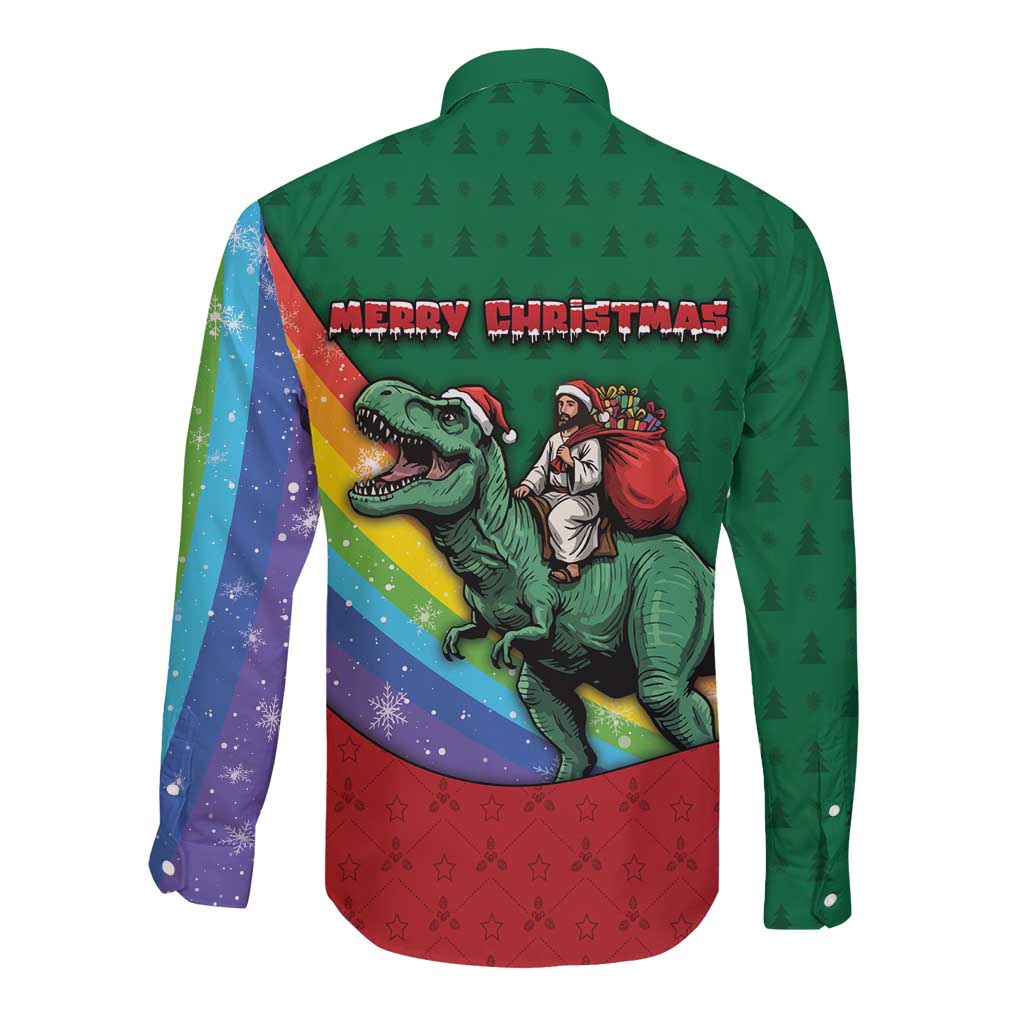 T Rex And Jesus Christmas Long Sleeve Button Shirt Not Today Santa - Wonder Print Shop