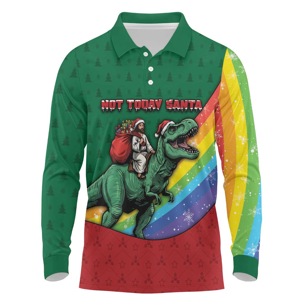 T Rex And Jesus Christmas Long Sleeve Polo Shirt Not Today Santa - Wonder Print Shop