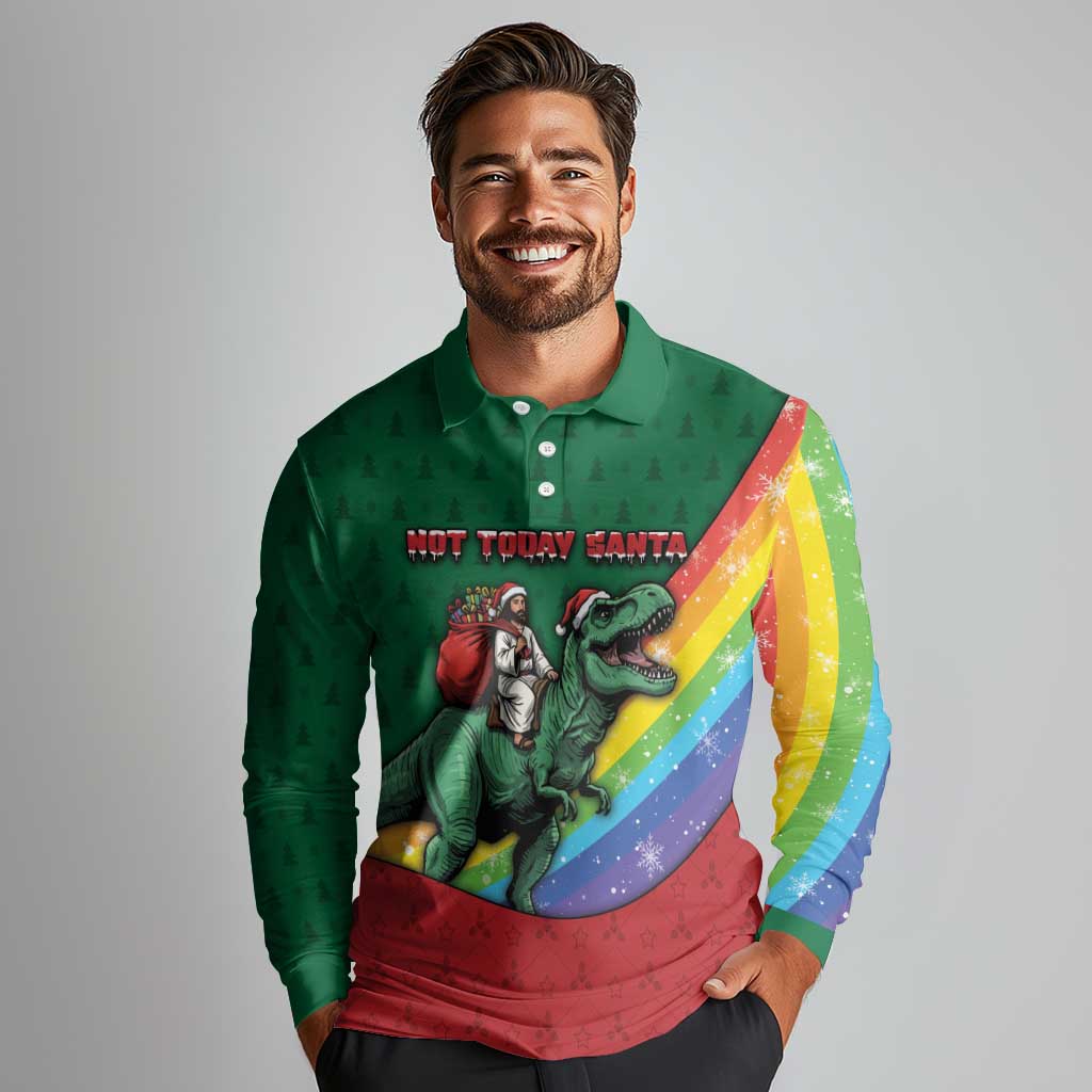 T Rex And Jesus Christmas Long Sleeve Polo Shirt Not Today Santa - Wonder Print Shop