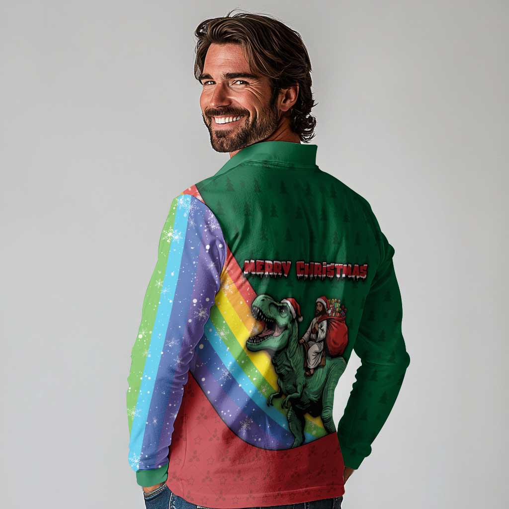 T Rex And Jesus Christmas Long Sleeve Polo Shirt Not Today Santa - Wonder Print Shop