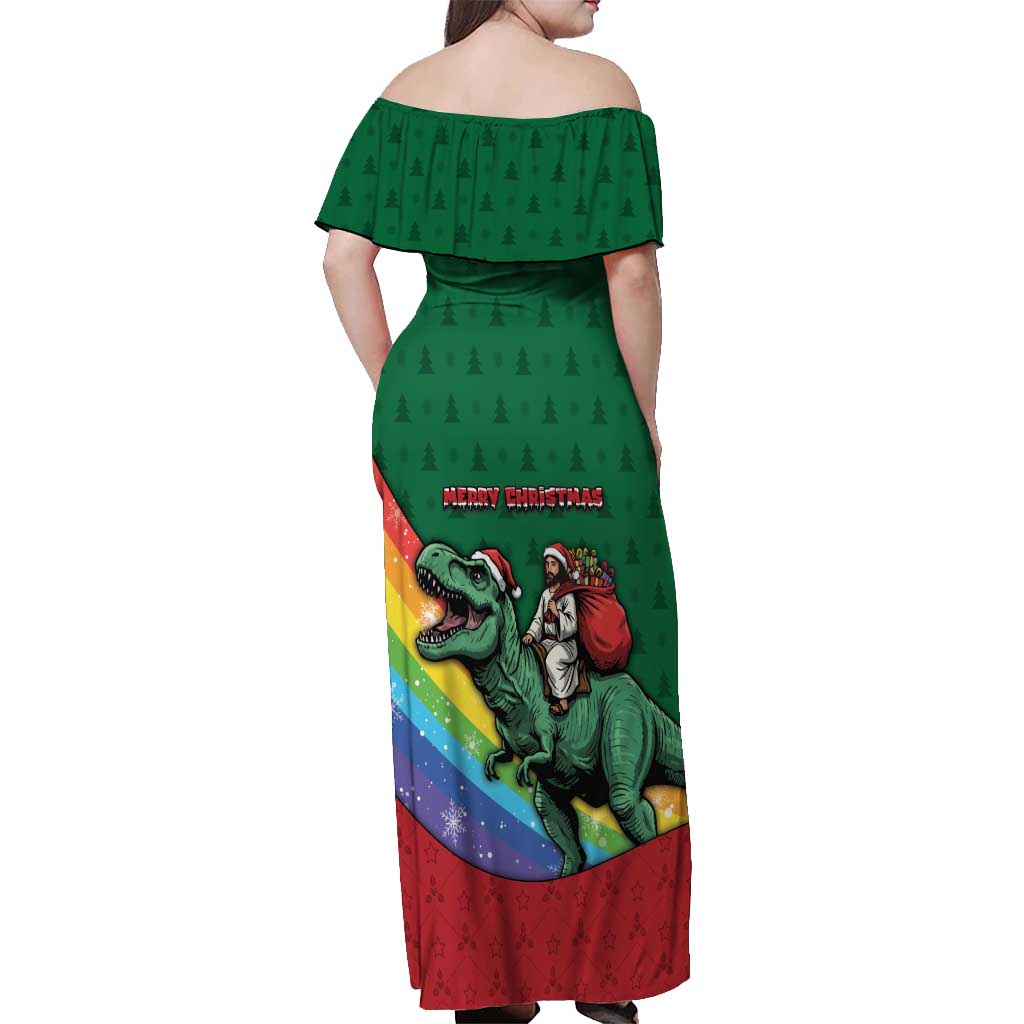 T Rex And Jesus Christmas Off Shoulder Maxi Dress Not Today Santa - Wonder Print Shop
