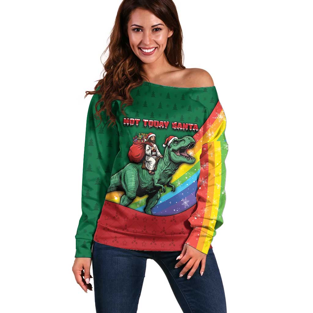 T Rex And Jesus Christmas Off Shoulder Sweater Not Today Santa - Wonder Print Shop