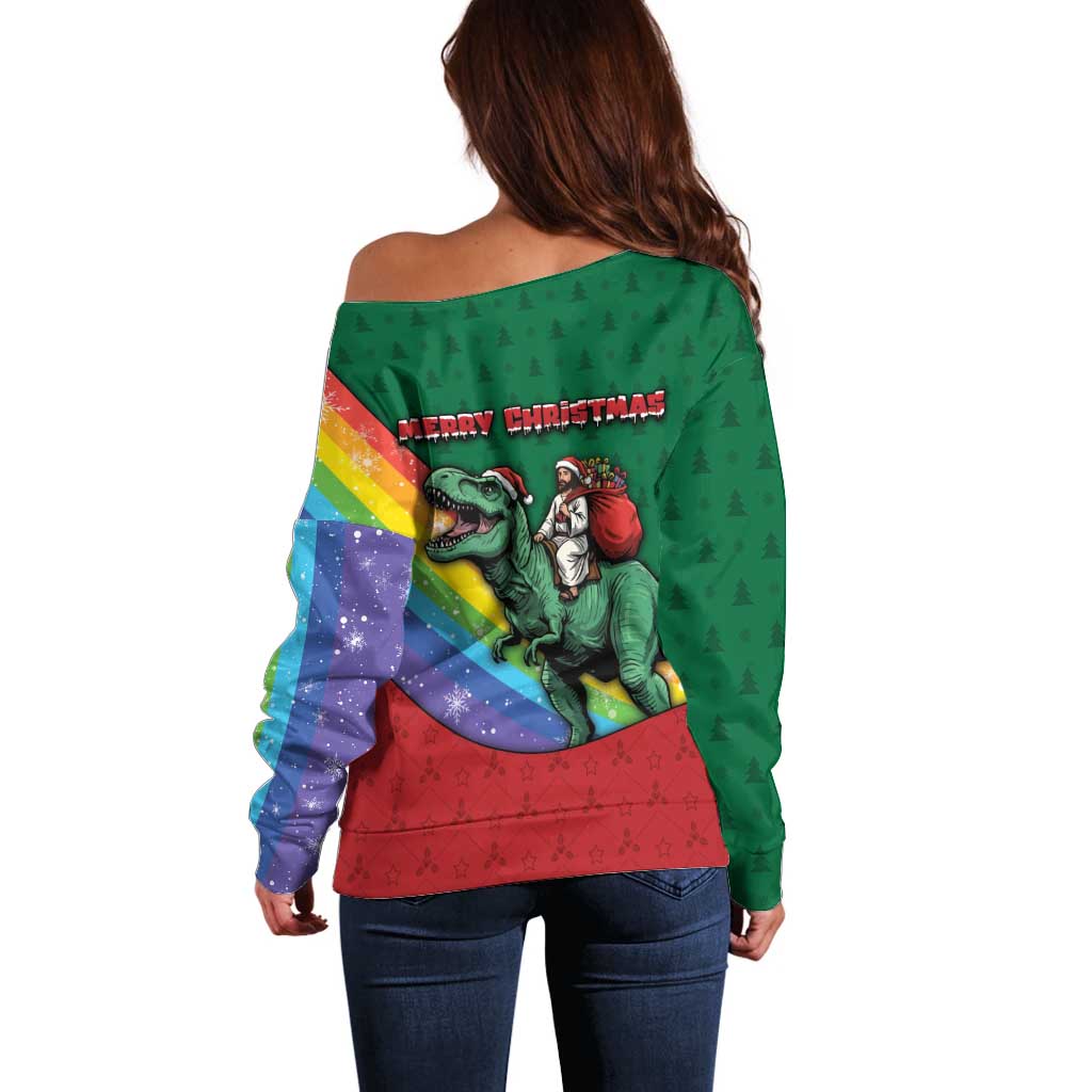 T Rex And Jesus Christmas Off Shoulder Sweater Not Today Santa - Wonder Print Shop