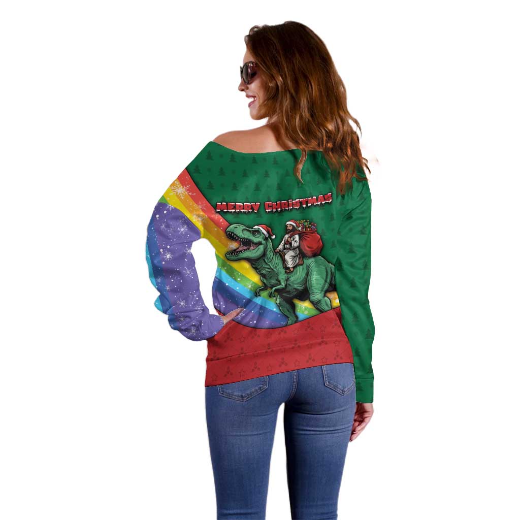 T Rex And Jesus Christmas Off Shoulder Sweater Not Today Santa - Wonder Print Shop