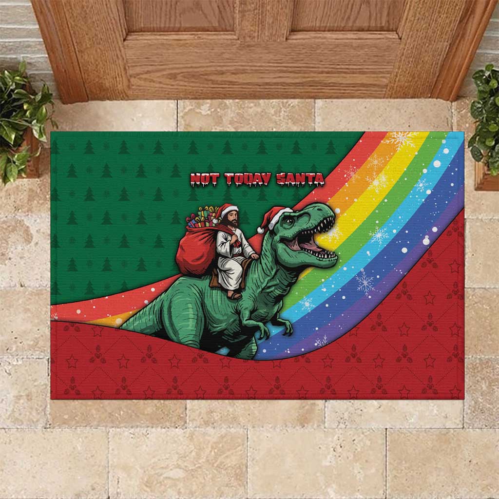 T Rex And Jesus Christmas Rubber Doormat Not Today Santa - Wonder Print Shop