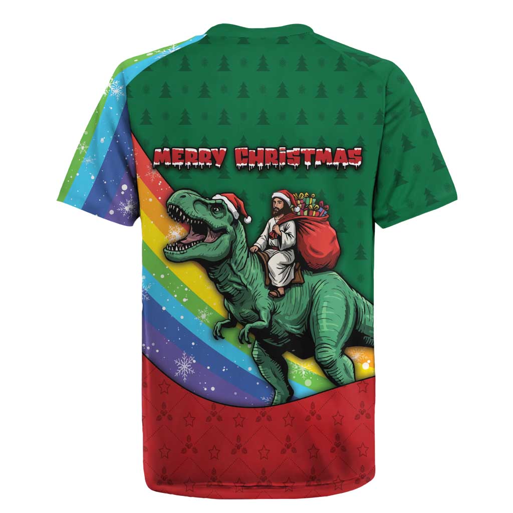 T Rex And Jesus Christmas Rugby Jersey Not Today Santa - Wonder Print Shop
