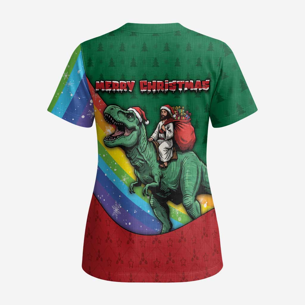 T Rex And Jesus Christmas Scrub Top Not Today Santa - Wonder Print Shop