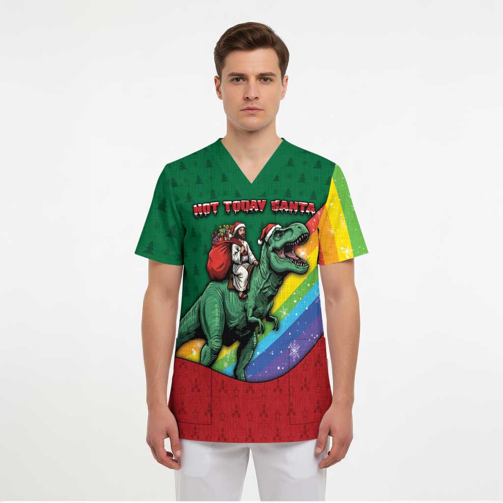 T Rex And Jesus Christmas Scrub Top Not Today Santa - Wonder Print Shop
