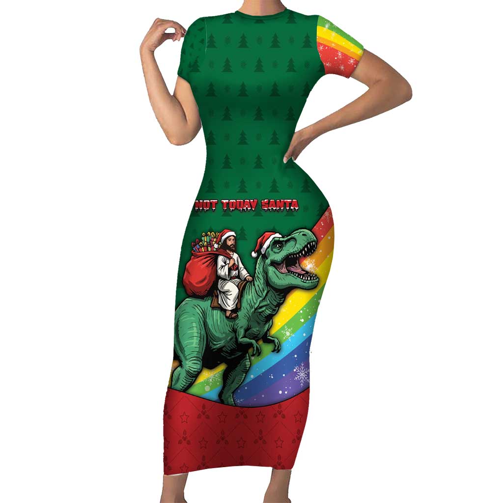 T Rex And Jesus Christmas Short Sleeve Bodycon Dress Not Today Santa - Wonder Print Shop