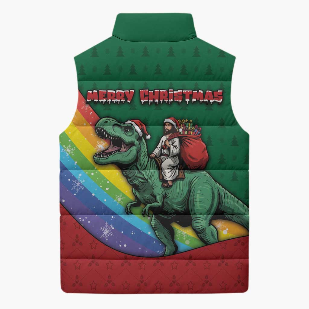 T Rex And Jesus Christmas Sleeveless Puffer Jacket Not Today Santa - Wonder Print Shop