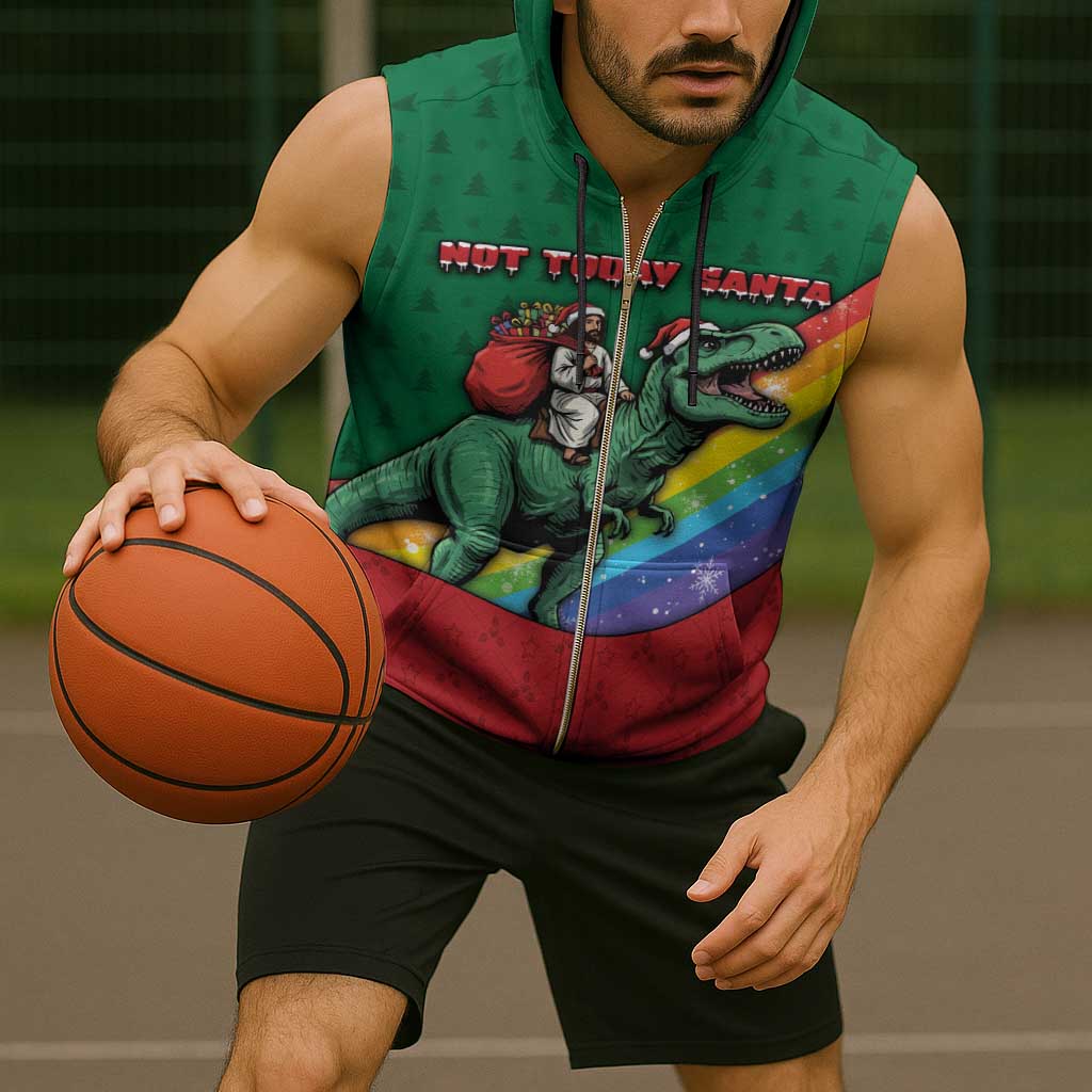 T Rex And Jesus Christmas Sleeveless Zip Hoodie Not Today Santa - Wonder Print Shop