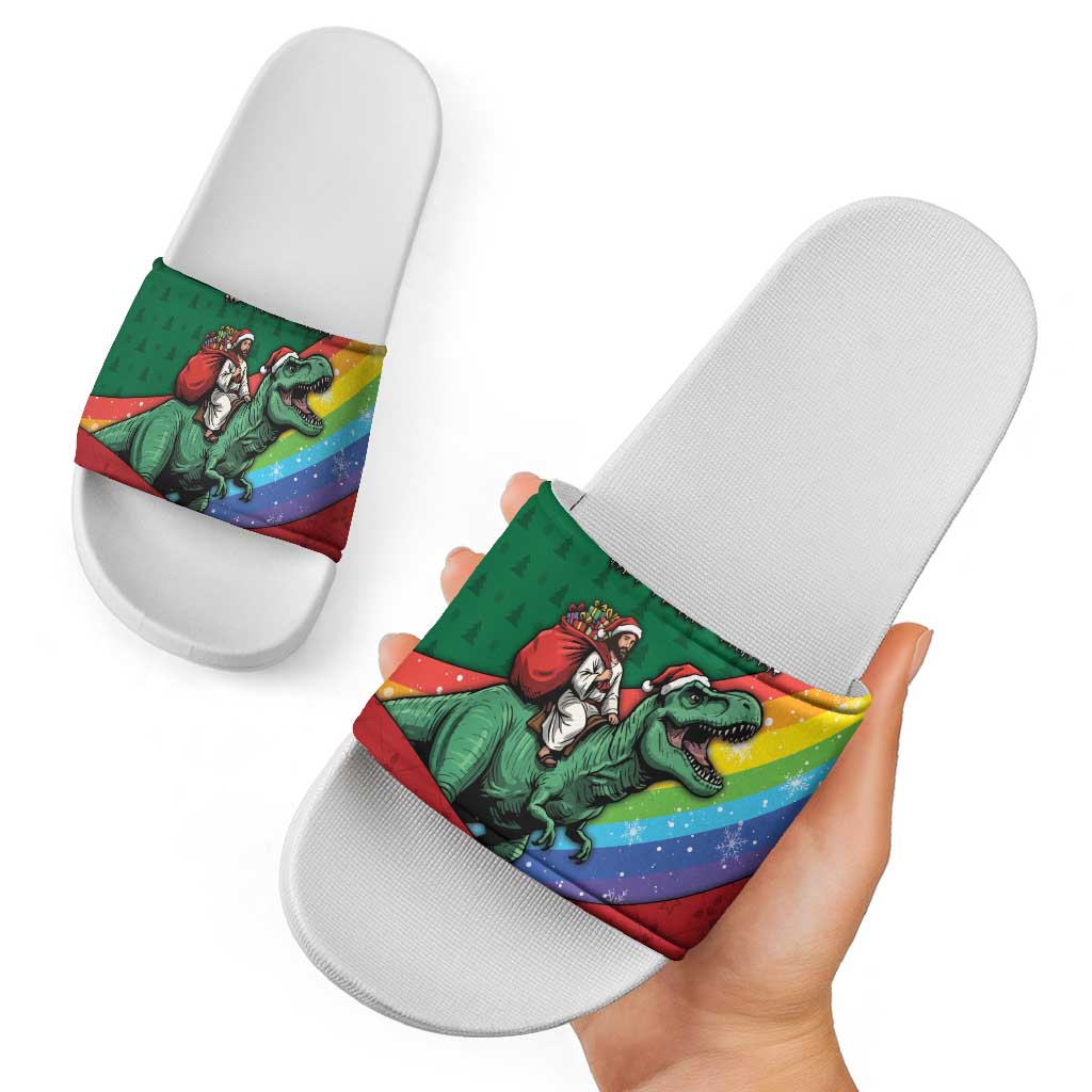 T Rex And Jesus Christmas Slide Sandals Not Today Santa - Wonder Print Shop