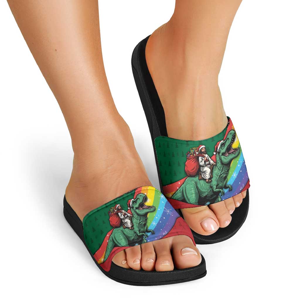 T Rex And Jesus Christmas Slide Sandals Not Today Santa - Wonder Print Shop