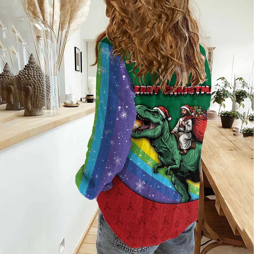 T Rex And Jesus Christmas Women Casual Shirt Not Today Santa - Wonder Print Shop