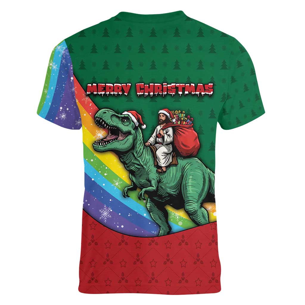 T Rex And Jesus Christmas Women V-Neck T-Shirt Not Today Santa - Wonder Print Shop