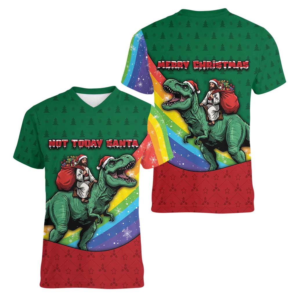T Rex And Jesus Christmas Women V-Neck T-Shirt Not Today Santa - Wonder Print Shop