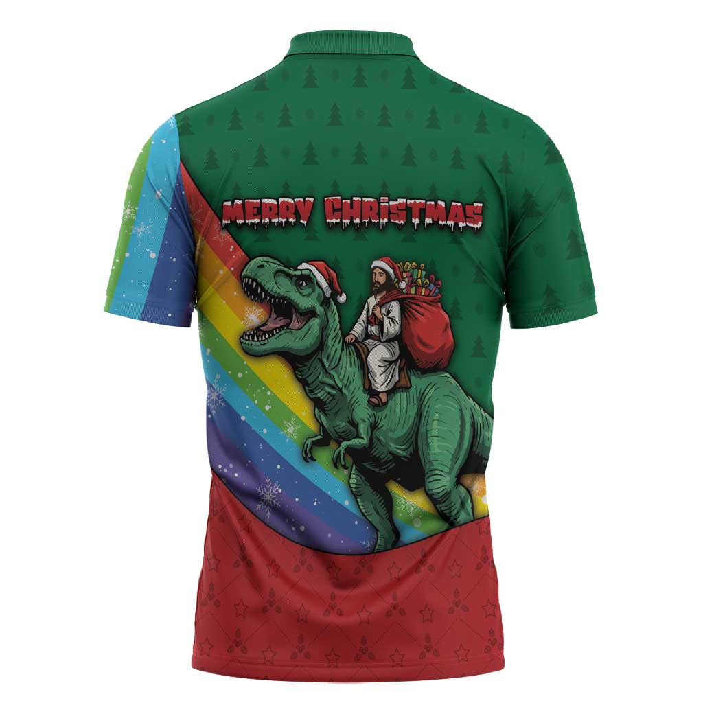 T Rex And Jesus Christmas Zipper Polo Shirt Not Today Santa - Wonder Print Shop