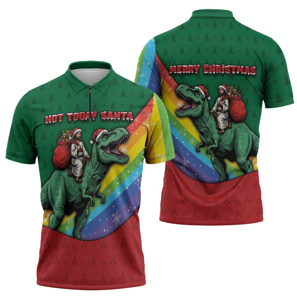 T Rex And Jesus Christmas Zipper Polo Shirt Not Today Santa - Wonder Print Shop