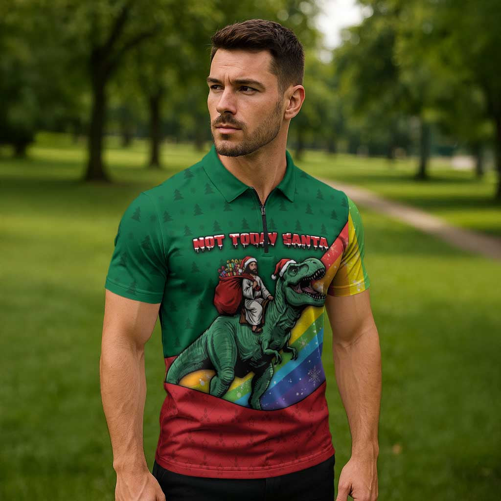 T Rex And Jesus Christmas Zipper Polo Shirt Not Today Santa - Wonder Print Shop