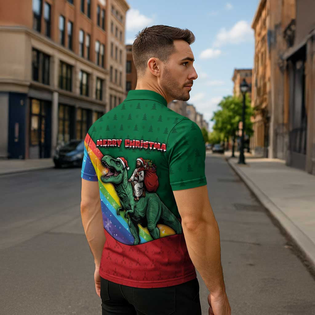 T Rex And Jesus Christmas Zipper Polo Shirt Not Today Santa - Wonder Print Shop