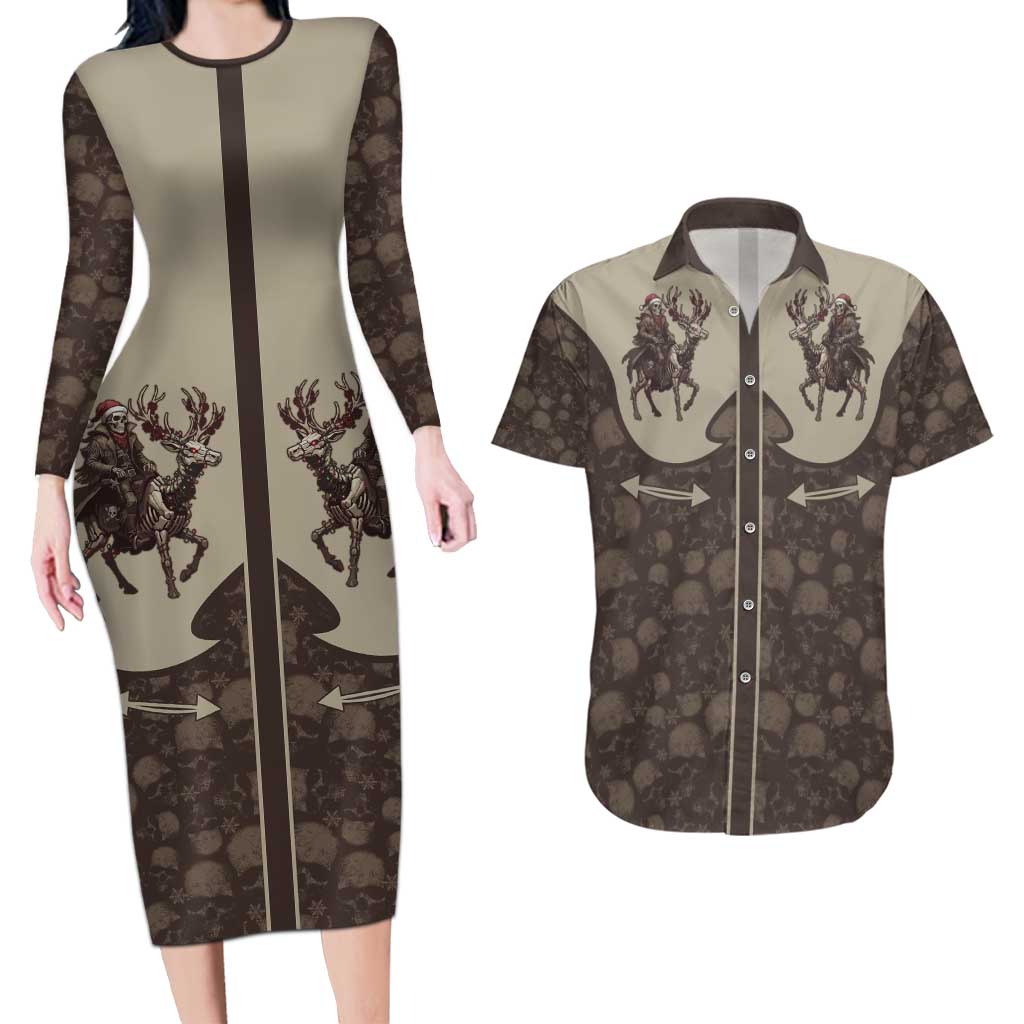 Western Yoke Couples Matching Long Sleeve Bodycon Dress and Hawaiian Shirt Skeleton Cowboy Santa On A Reindeer - Wonder Print Shop