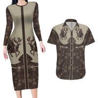 Western Yoke Couples Matching Long Sleeve Bodycon Dress and Hawaiian Shirt Skeleton Cowboy Santa On A Reindeer - Wonder Print Shop