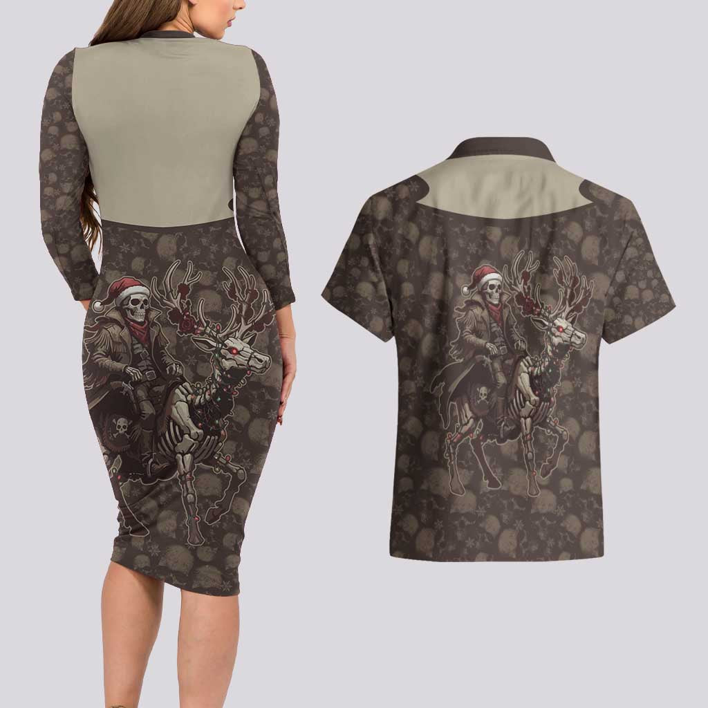 Western Yoke Couples Matching Long Sleeve Bodycon Dress and Hawaiian Shirt Skeleton Cowboy Santa On A Reindeer - Wonder Print Shop