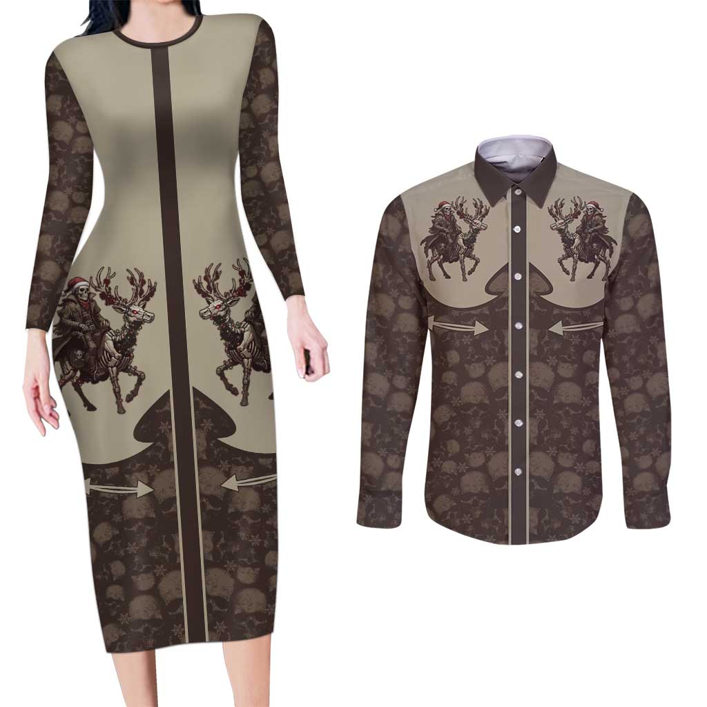 Western Yoke Couples Matching Long Sleeve Bodycon Dress and Long Sleeve Button Shirt Skeleton Cowboy Santa On A Reindeer - Wonder Print Shop