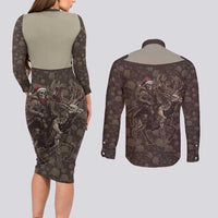 Western Yoke Couples Matching Long Sleeve Bodycon Dress and Long Sleeve Button Shirt Skeleton Cowboy Santa On A Reindeer - Wonder Print Shop