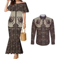 Western Yoke Couples Matching Mermaid Dress and Long Sleeve Button Shirt Skeleton Cowboy Santa On A Reindeer - Wonder Print Shop