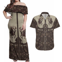 Western Yoke Couples Matching Off Shoulder Maxi Dress and Hawaiian Shirt Skeleton Cowboy Santa On A Reindeer - Wonder Print Shop