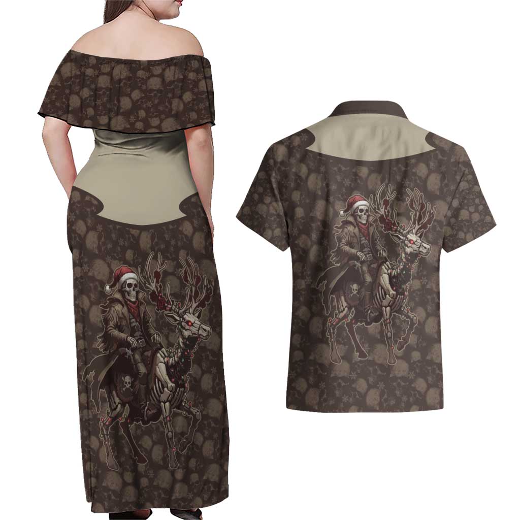 Western Yoke Couples Matching Off Shoulder Maxi Dress and Hawaiian Shirt Skeleton Cowboy Santa On A Reindeer - Wonder Print Shop