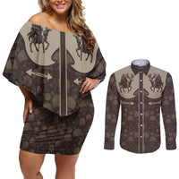 Western Yoke Couples Matching Off Shoulder Short Dress and Long Sleeve Button Shirt Skeleton Cowboy Santa On A Reindeer - Wonder Print Shop