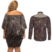 Western Yoke Couples Matching Off Shoulder Short Dress and Long Sleeve Button Shirt Skeleton Cowboy Santa On A Reindeer - Wonder Print Shop