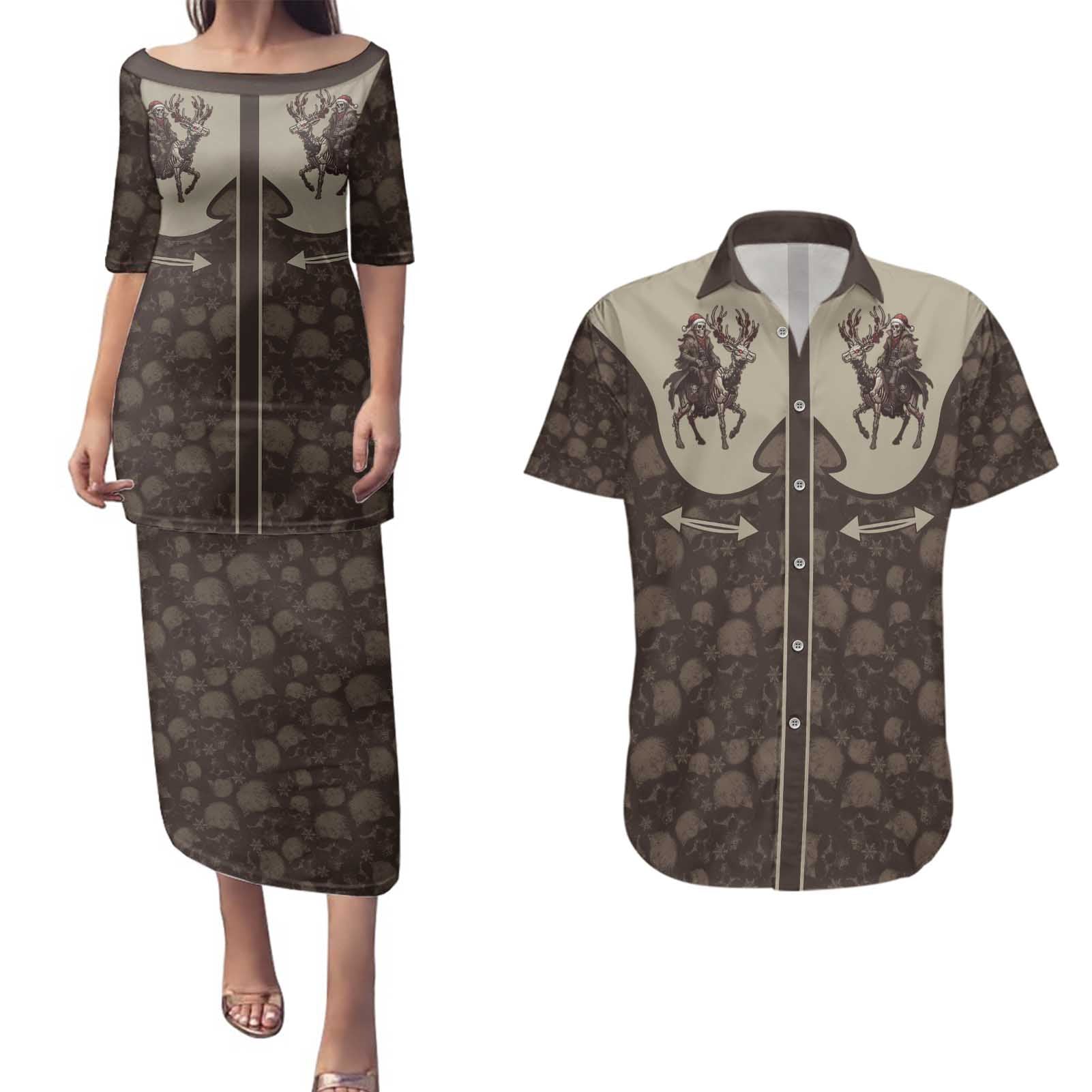 Western Yoke Couples Matching Puletasi and Hawaiian Shirt Skeleton Cowboy Santa On A Reindeer - Wonder Print Shop