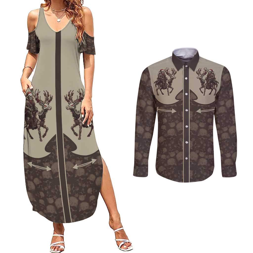 Western Yoke Couples Matching Summer Maxi Dress and Long Sleeve Button Shirt Skeleton Cowboy Santa On A Reindeer - Wonder Print Shop