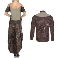 Western Yoke Couples Matching Summer Maxi Dress and Long Sleeve Button Shirt Skeleton Cowboy Santa On A Reindeer - Wonder Print Shop