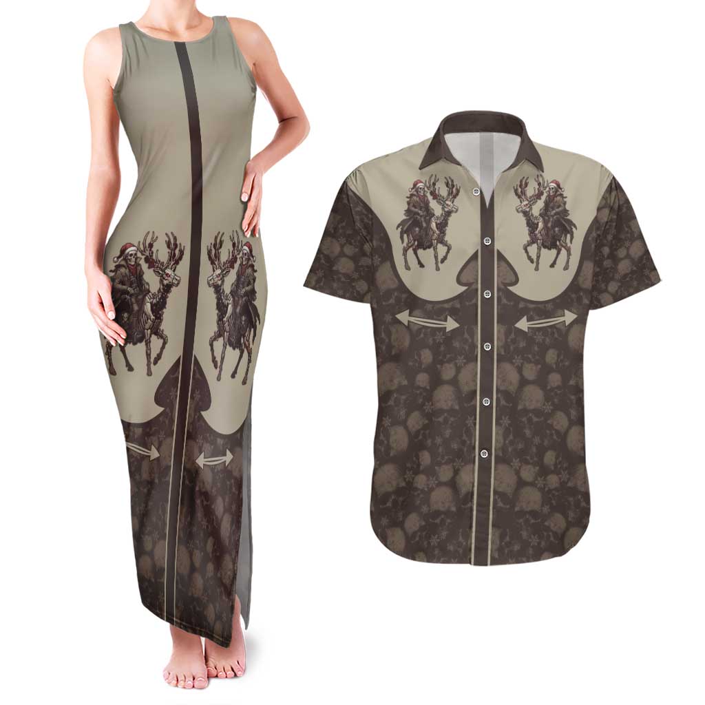 Western Yoke Couples Matching Tank Maxi Dress and Hawaiian Shirt Skeleton Cowboy Santa On A Reindeer - Wonder Print Shop