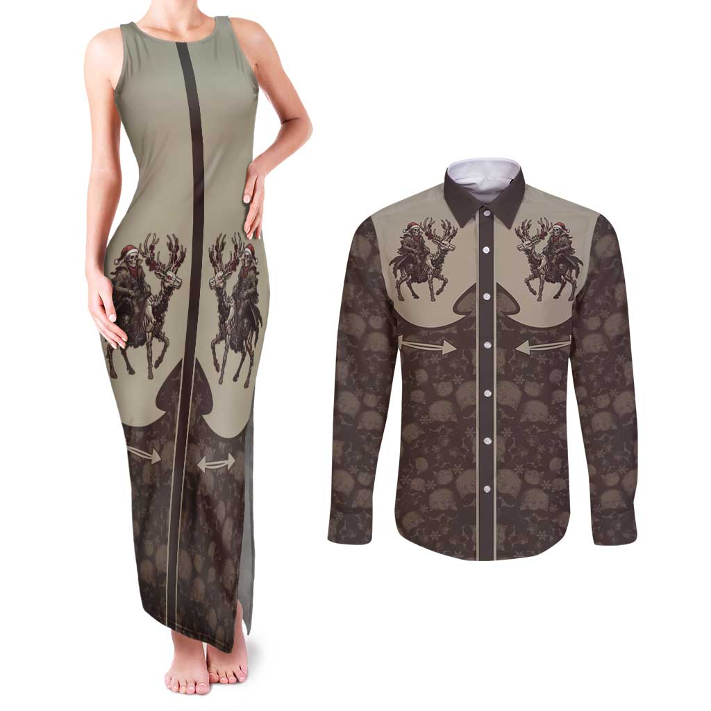 Western Yoke Couples Matching Tank Maxi Dress and Long Sleeve Button Shirt Skeleton Cowboy Santa On A Reindeer - Wonder Print Shop
