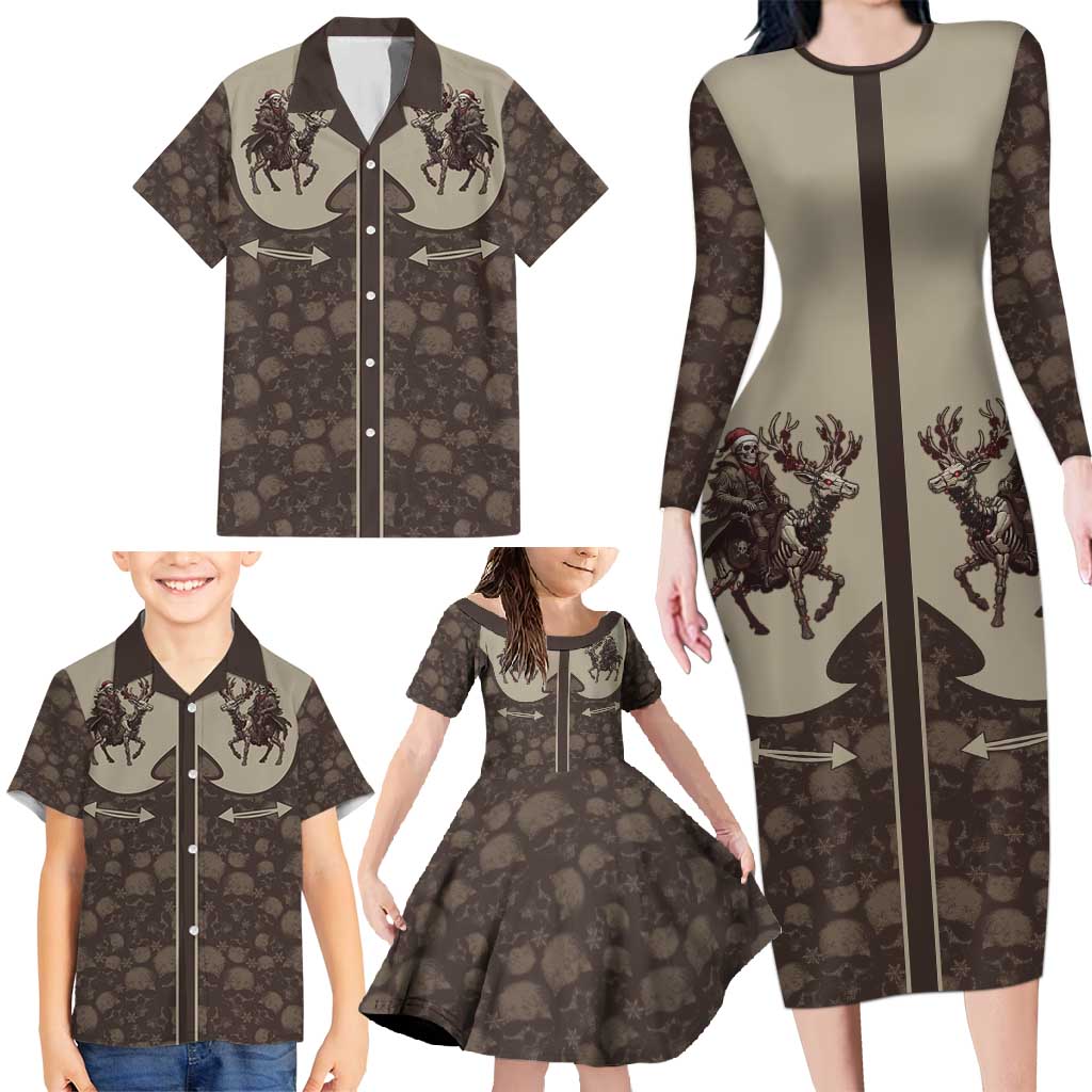 Western Yoke Family Matching Long Sleeve Bodycon Dress and Hawaiian Shirt Skeleton Cowboy Santa On A Reindeer - Wonder Print Shop
